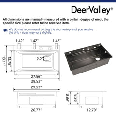 29.5" x 18" Rectangular Stainless Steel Kitchen Sink, Multifunction with Multiple Sizes