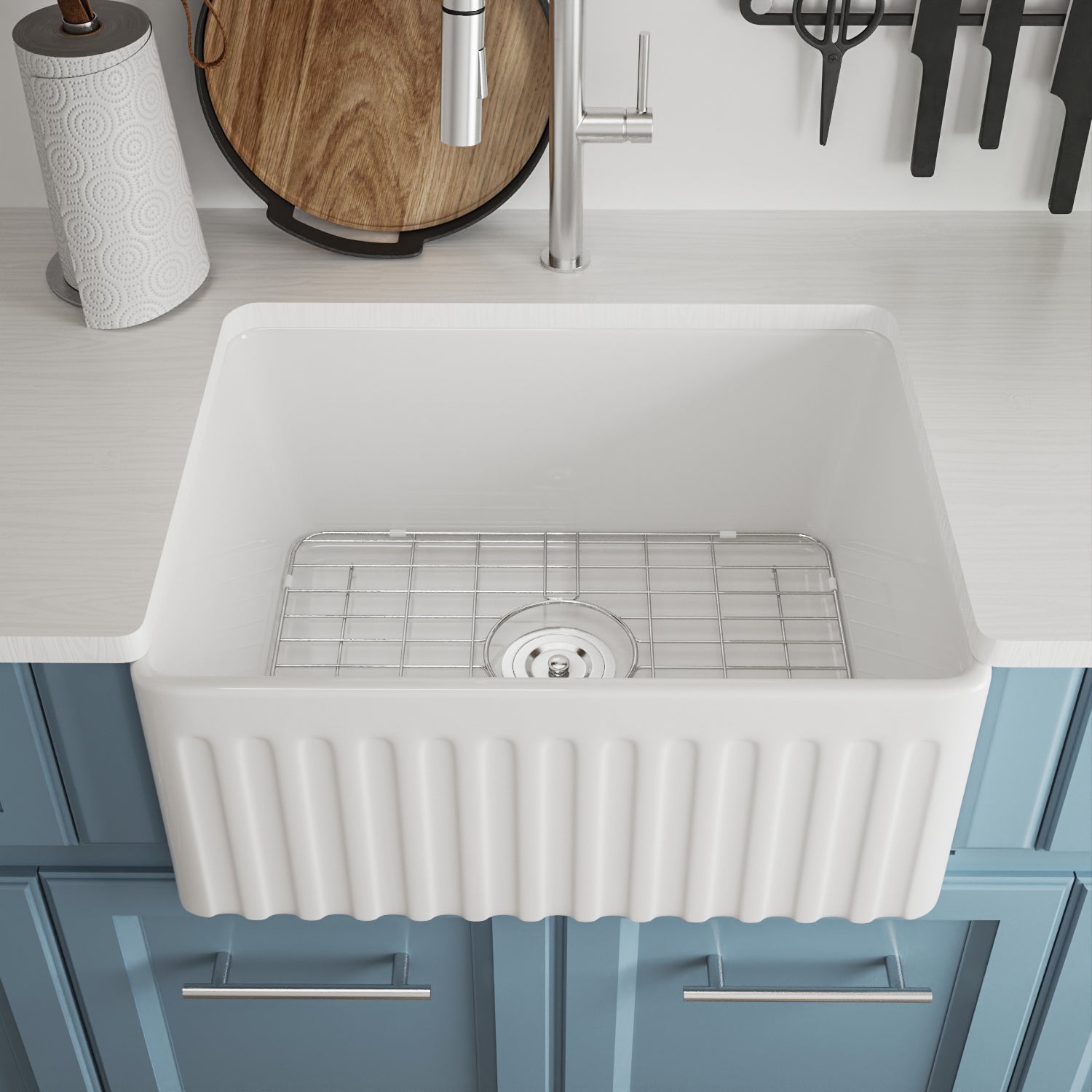 DeerValley DV-EU1K022 Farmhouse Kitchen Sinks 9" Deep Bowl Splash-Proof 3.5" Drain Compact