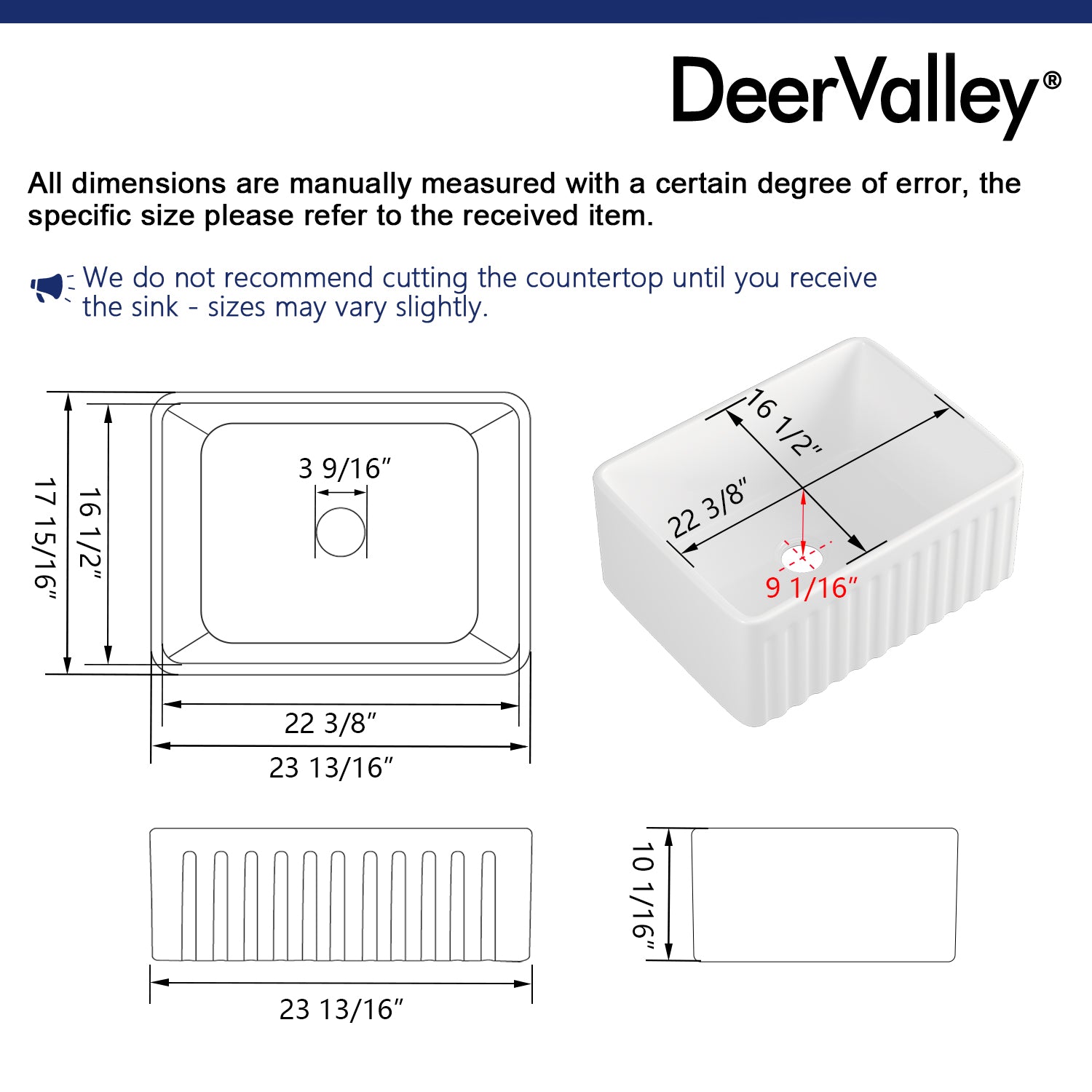 DeerValley DV-EU1K022 Farmhouse Kitchen Sinks 9" Deep Bowl Splash-Proof 3.5" Drain Compact