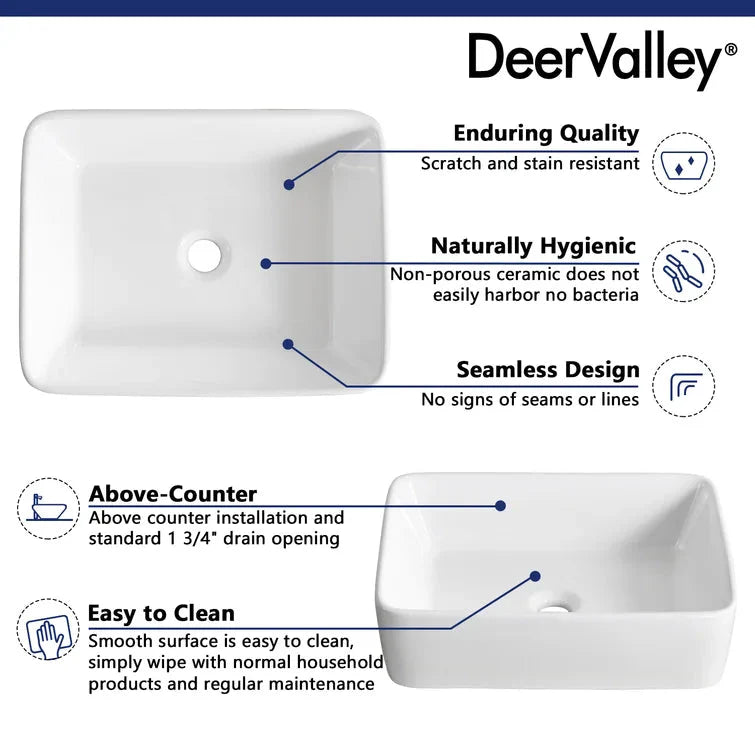 DeerValley Bath DeerValley DV-1V031 Ally Ceramic Sleek Rectangular Bathroom Vessel Sink Vessel Sink